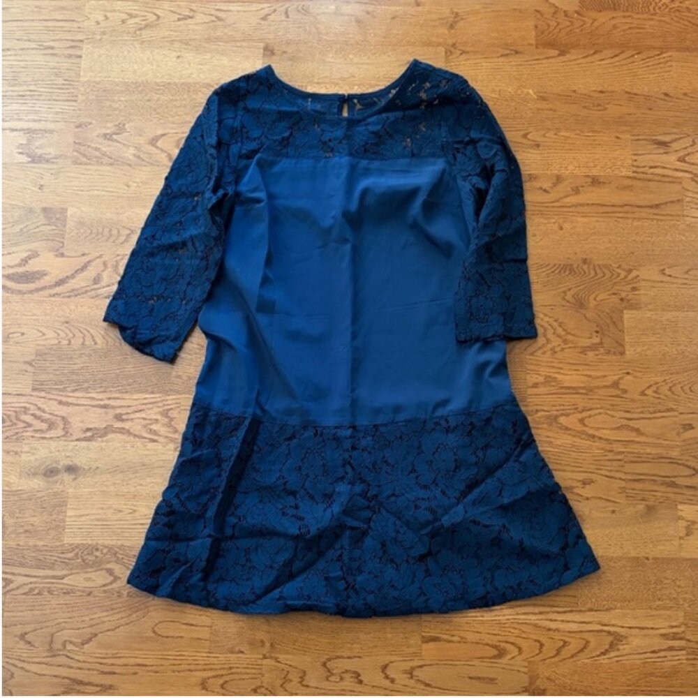Abercrombie Lace Shift Dress XS Women Navy Blue Mini Illusion 3/4 Sleeves Satin